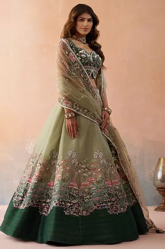 Green- Net Sequins Embroidered Omber Green and LimeGreen Semi-Stitched Lehenga choli & Dupatta
