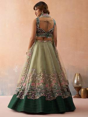 Green- Net Sequins Embroidered Omber Green and LimeGreen Semi-Stitched Lehenga choli & Dupatta 4