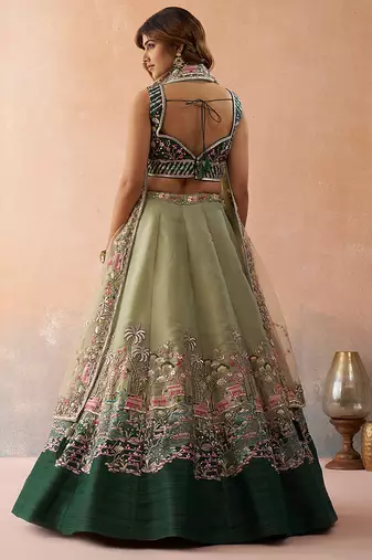 Green- Net Sequins Embroidered Omber Green and LimeGreen Semi-Stitched Lehenga choli & Dupatta
