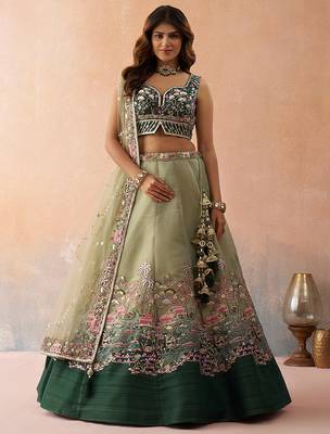 Green- Net Sequins Embroidered Omber Green and LimeGreen Semi-Stitched Lehenga choli & Dupatta 1