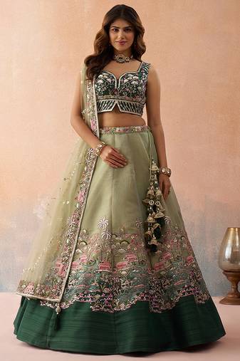 Green- Net Sequins Embroidered Omber Green and LimeGreen Semi-Stitched Lehenga choli & Dupatta