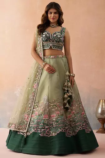Green- Net Sequins Embroidered Omber Green and LimeGreen Semi-Stitched Lehenga choli & Dupatta