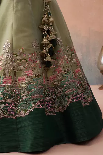 Green- Net Sequins Embroidered Omber Green and LimeGreen Semi-Stitched Lehenga choli & Dupatta