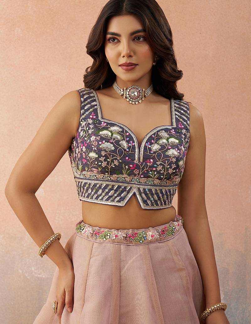 Purple- Net Sequins Embroidered Omber Purple and Mauve Semi-Stitched Lehenga choli & Dupatta