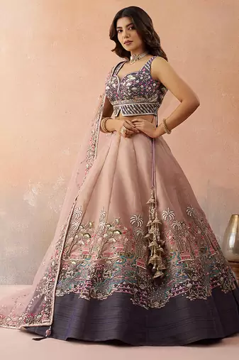 Purple- Net Sequins Embroidered Omber Purple and Mauve Semi-Stitched Lehenga choli & Dupatta