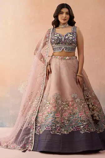 Purple- Net Sequins Embroidered Omber Purple and Mauve Semi-Stitched Lehenga choli & Dupatta