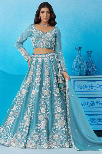 Seareen- Organza Heavy Beads with Sequins Embroidered Semi-Stitched Lehenga & Unstitched Blouse With Dupatta