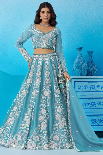 Seareen- Organza Heavy Beads with Sequins Embroidered Semi-Stitched Lehenga & Unstitched Blouse With Dupatta