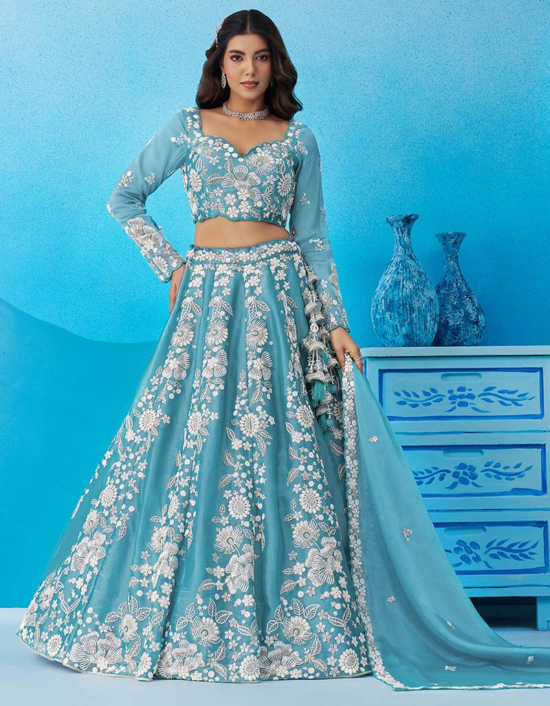 Seareen- Organza Heavy Beads with Sequins Embroidered Semi-Stitched Lehenga & Unstitched Blouse With Dupatta
