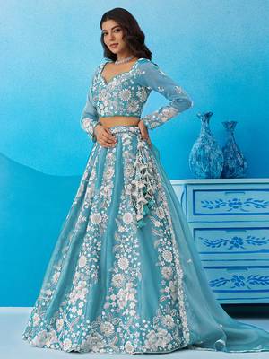 Seareen- Organza Heavy Beads with Sequins Embroidered Semi-Stitched Lehenga  & Unstitched Blouse With Dupatta 2