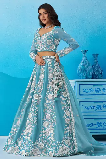 Seareen- Organza Heavy Beads with Sequins Embroidered Semi-Stitched Lehenga & Unstitched Blouse With Dupatta