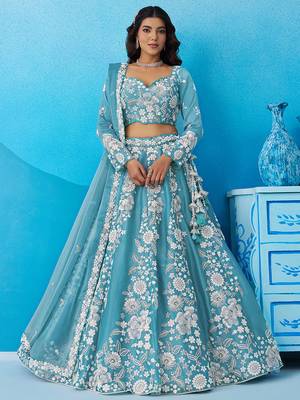 Seareen- Organza Heavy Beads with Sequins Embroidered Semi-Stitched Lehenga  & Unstitched Blouse With Dupatta 3