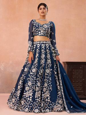 Blue- Organza Heavy Beads with Sequins Embroidered Semi-Stitched Lehenga  & Unstitched Blouse With Dupatta 1