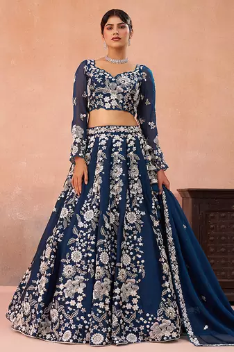 Blue- Organza Heavy Beads with Sequins Embroidered Semi-Stitched Lehenga & Unstitched Blouse With Dupatta