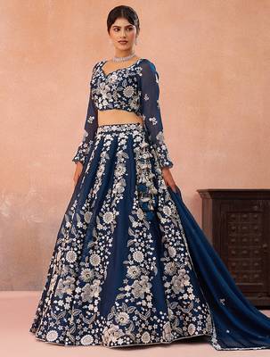 Blue- Organza Heavy Beads with Sequins Embroidered Semi-Stitched Lehenga  & Unstitched Blouse With Dupatta 2