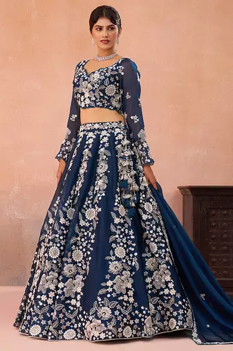 Blue- Organza Heavy Beads with Sequins Embroidered Semi-Stitched Lehenga & Unstitched Blouse With Dupatta