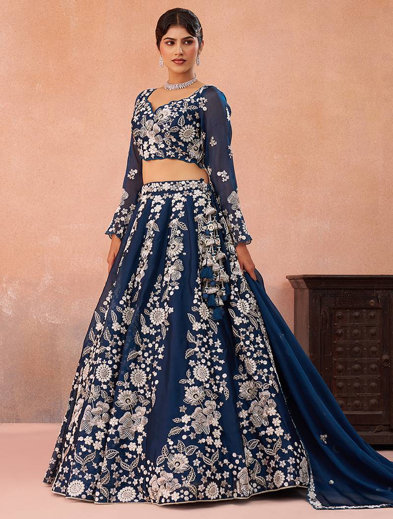 Blue- Organza Heavy Beads with Sequins Embroidered Semi-Stitched Lehenga & Unstitched Blouse With Dupatta