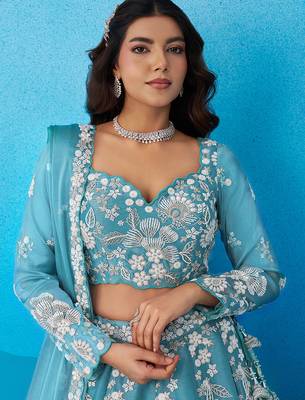 Seareen- Organza Heavy Beads with Sequins Embroidered Semi-Stitched Lehenga  & Unstitched Blouse With Dupatta 5