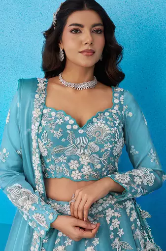 Seareen- Organza Heavy Beads with Sequins Embroidered Semi-Stitched Lehenga & Unstitched Blouse With Dupatta