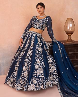 Blue- Organza Heavy Beads with Sequins Embroidered Semi-Stitched Lehenga  & Unstitched Blouse With Dupatta 3