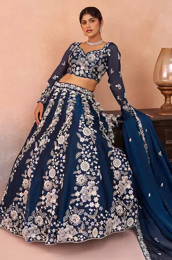 Blue- Organza Heavy Beads with Sequins Embroidered Semi-Stitched Lehenga & Unstitched Blouse With Dupatta