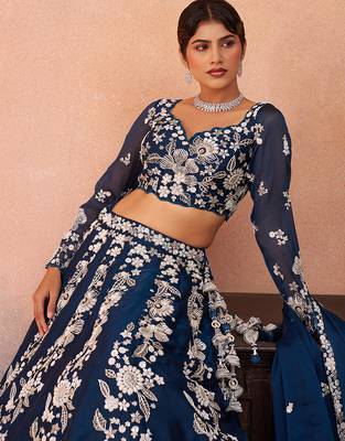 Blue- Organza Heavy Beads with Sequins Embroidered Semi-Stitched Lehenga  & Unstitched Blouse With Dupatta 4