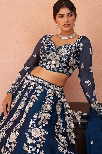 Blue- Organza Heavy Beads with Sequins Embroidered Semi-Stitched Lehenga & Unstitched Blouse With Dupatta