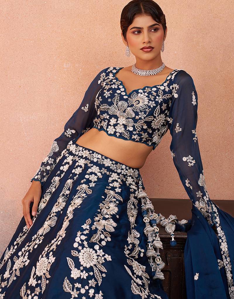 Blue- Organza Heavy Beads with Sequins Embroidered Semi-Stitched Lehenga & Unstitched Blouse With Dupatta