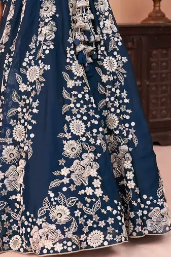 Blue- Organza Heavy Beads with Sequins Embroidered Semi-Stitched Lehenga & Unstitched Blouse With Dupatta