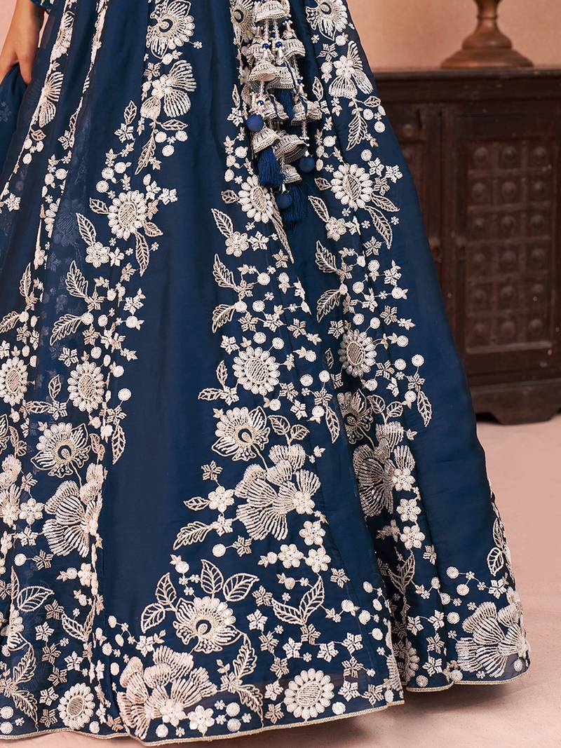 Blue- Organza Heavy Beads with Sequins Embroidered Semi-Stitched Lehenga & Unstitched Blouse With Dupatta