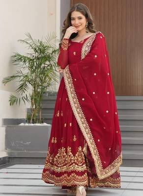 Traditional red embroidered anarkali dress with dupatta 2