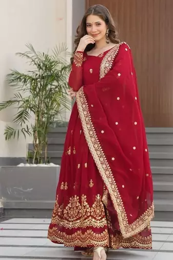 Traditional red embroidered anarkali dress with dupatta
