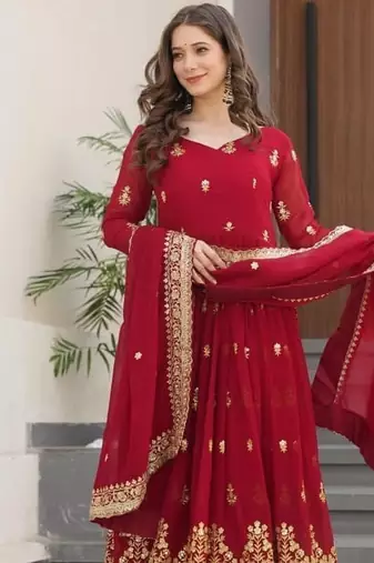 Traditional red embroidered anarkali dress with dupatta