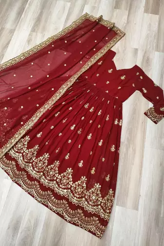 Traditional red embroidered anarkali dress with dupatta