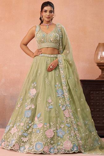 Limegreen- Tissue Beads & Sequinned Floral Embroidered Semi-Stitched Lehenga & Unstitched Blouse With Dupatta
