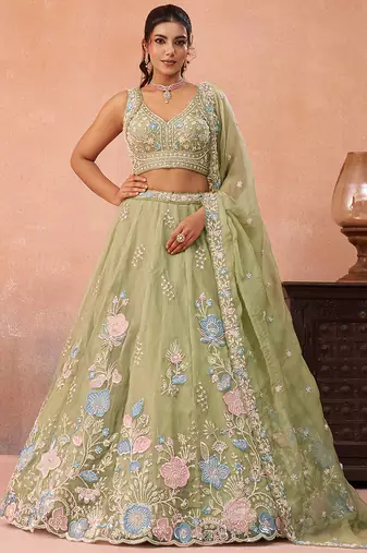Limegreen- Tissue Beads & Sequinned Floral Embroidered Semi-Stitched Lehenga & Unstitched Blouse With Dupatta