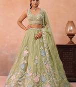 Limegreen- Tissue Beads & Sequinned Floral Embroidered Semi-Stitched Lehenga & Unstitched Blouse With Dupatta