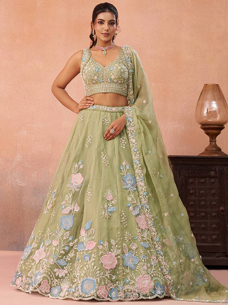 Limegreen- Tissue Beads & Sequinned Floral Embroidered Semi-Stitched Lehenga & Unstitched Blouse With Dupatta