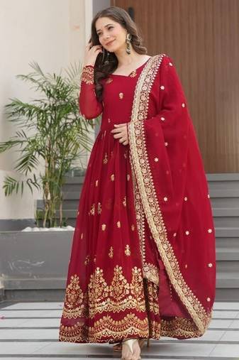 Traditional red embroidered anarkali dress with dupatta