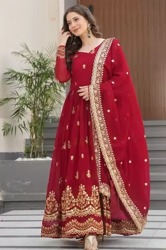 Traditional red embroidered anarkali dress with dupatta