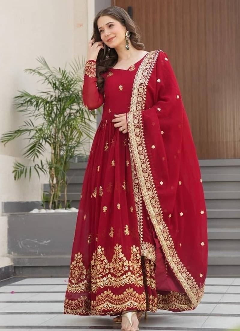 Traditional red embroidered anarkali dress with dupatta