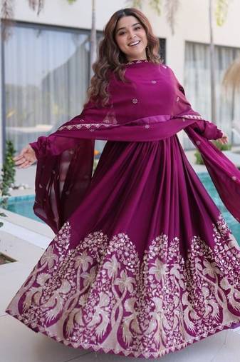Wine festive anarkali suit with dupatta