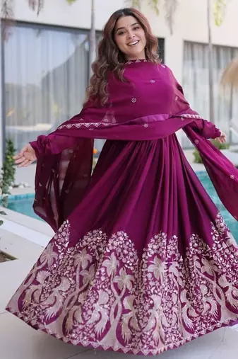 Wine festive anarkali suit with dupatta