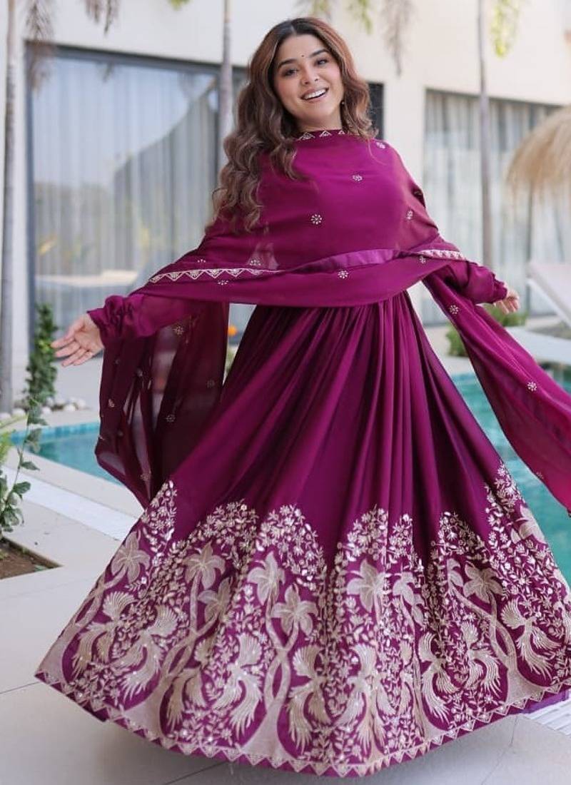 Wine festive anarkali suit with dupatta