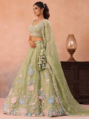 Limegreen- Tissue Beads & Sequinned Floral Embroidered Semi-Stitched Lehenga  & Unstitched Blouse With Dupatta 2