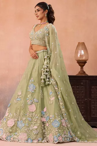 Limegreen- Tissue Beads & Sequinned Floral Embroidered Semi-Stitched Lehenga & Unstitched Blouse With Dupatta