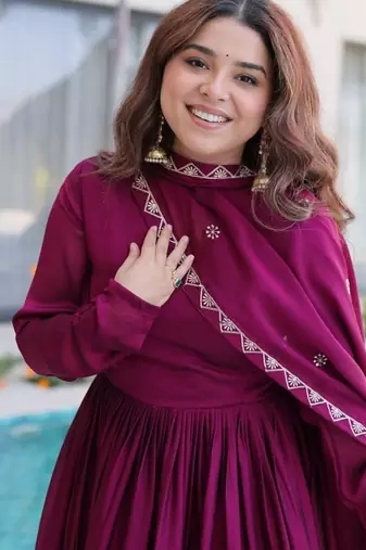 Wine festive anarkali suit with dupatta