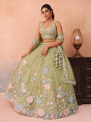 Limegreen- Tissue Beads & Sequinned Floral Embroidered Semi-Stitched Lehenga  & Unstitched Blouse With Dupatta 3