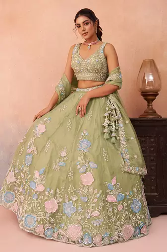 Limegreen- Tissue Beads & Sequinned Floral Embroidered Semi-Stitched Lehenga & Unstitched Blouse With Dupatta