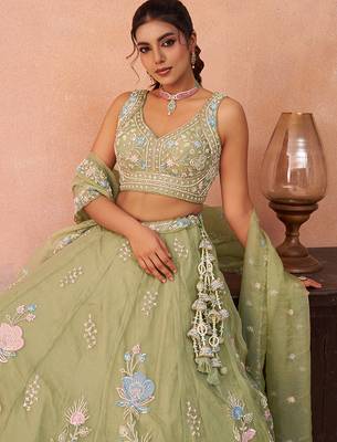 Limegreen- Tissue Beads & Sequinned Floral Embroidered Semi-Stitched Lehenga  & Unstitched Blouse With Dupatta 4